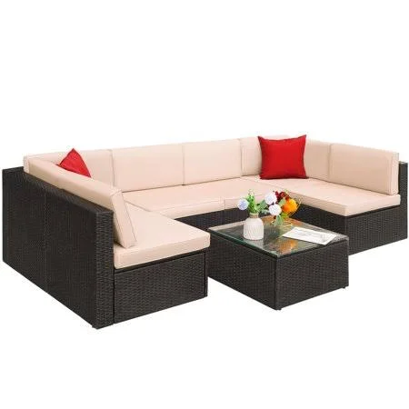 Lacoo 7 Pieces Patio Rattan Sectional Set Outdoor Conversation Set with Chushions and Table, Beige