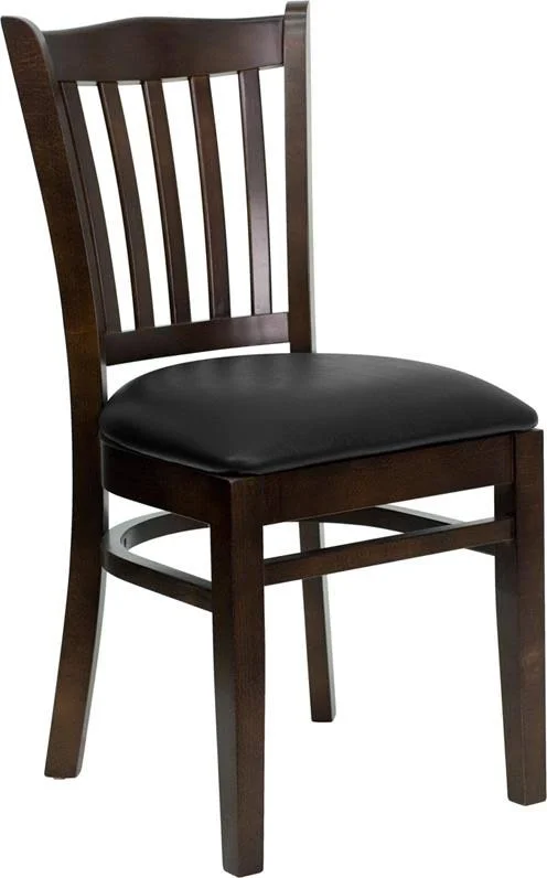 Ergode Series Vertical Slat Back Walnut Wood Restaurant Chair - Black Vinyl Seat