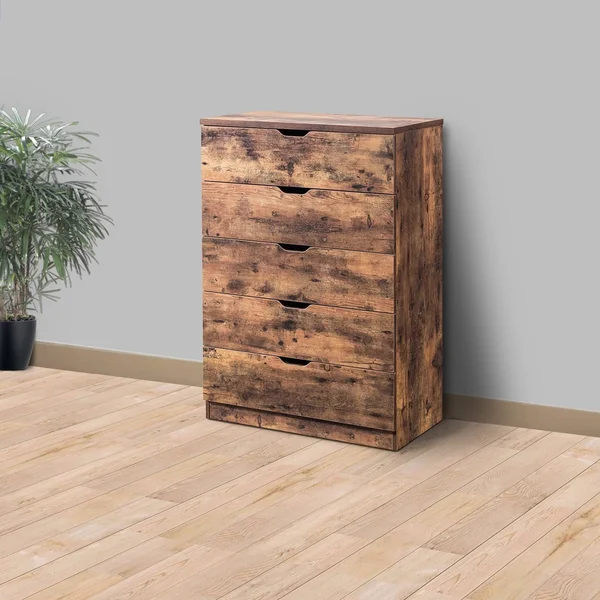 Commodious Five Drawers Wooden Utility Chest with Metal Glides Brown