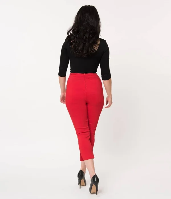 Unique Vintage Red High Waist Rachelle Capri Pants, Size M/6-8