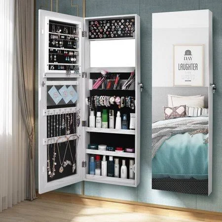 Ktaxon Mirrored Hanging Jewelry Cabinet Armoire Organizer Over Door Wall Mount w/ Keys, Girl's, Size: Large, White