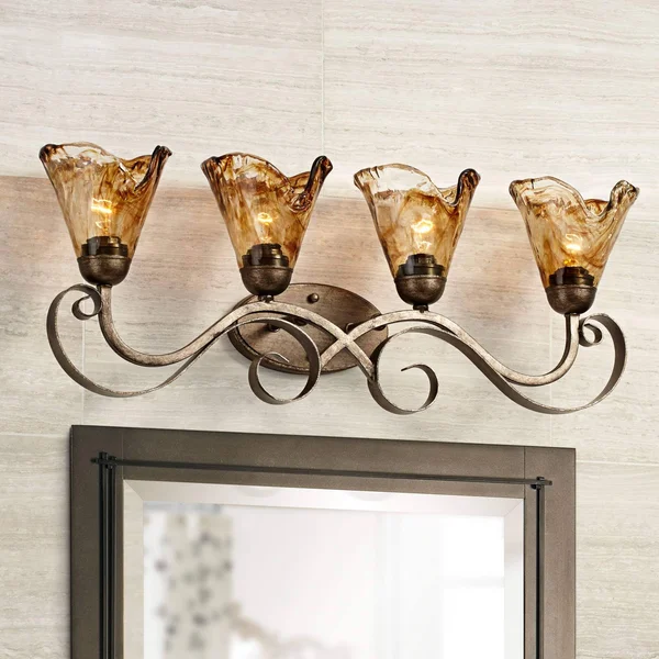 Amber Scroll 29 1/2x22 Wide Art Glass and Bronze Bath Light