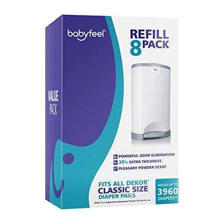 Dekor Classic Refills by Babyfeel, 8 Pack, Value Pack, Exclusive 30% Extra Thickness, Powder Scent, Fits Dekor Classic Size