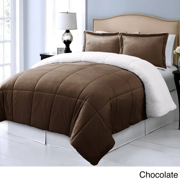 Blue Ridge Home Fashions Microplush Reversible to Micromink Down Alternative 3-Piece Comforter Set Khaki Queen - Brown