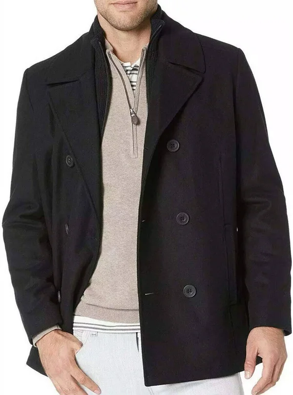 Kenneth Cole Men's Big & Tall Double-Breasted Wool-Blend Peacoat - Black