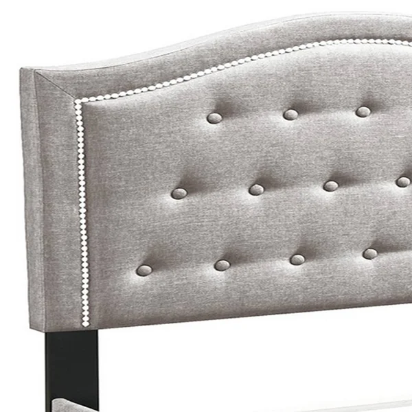 Button Tufted Queen Burlap Bed with Curved Headboard, Light Brown