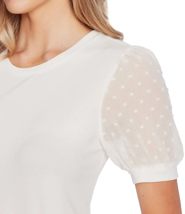 Women's Cece Puff Sleeve Mixed Media Top - Medium, Soft Ecru