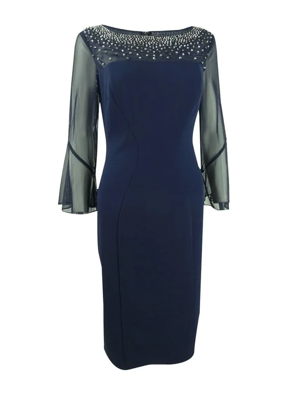 Alex Evenings Women's Illusion Bell Sleeve Sheath Dress - Navy Silver - Size 12