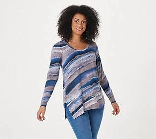 Belle by Kim Gravel Watercolor Stripe Long-Sleeve Knit Top - Size 3X, Indigo/Grey