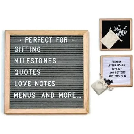 Letterboard 12 inch x 12 inch Felt Oak Framed with 340 Letters with Emojis, Black