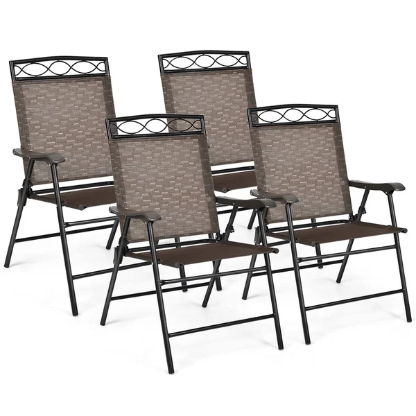 4 Pcs Outdoor Foldable Patio Chair with Stable Frame & Wide Armrest - Black+Brown