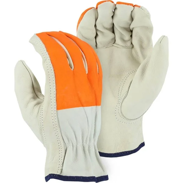Leather Drivers Glove - BC-Grade Cowhide - Keystone Thumb, High Visibility Print Fingers, Majestic (Pk 12 Pairs) X-Large
