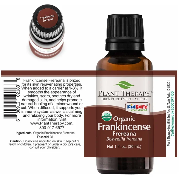 Plant Therapy USDA Certified Organic Frankincense Frereana Essential Oil. 100% Pure - Undiluted, Therapeutic Grade. 30 ml (1 Oz).