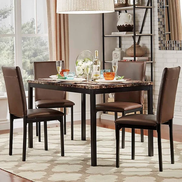 Inspire Q Colby 5-Piece Faux Marble Dining Set in Brown