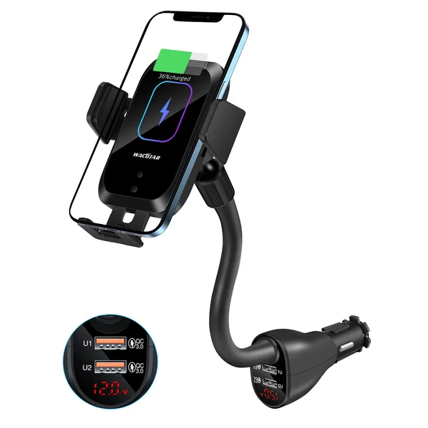 Car Cigarette Lighter Wireless Charger Mount- Automatic Clamping Phone Holder - Infrared Smart Sensor Dual USB QC3.0 Ports 10W 7.5