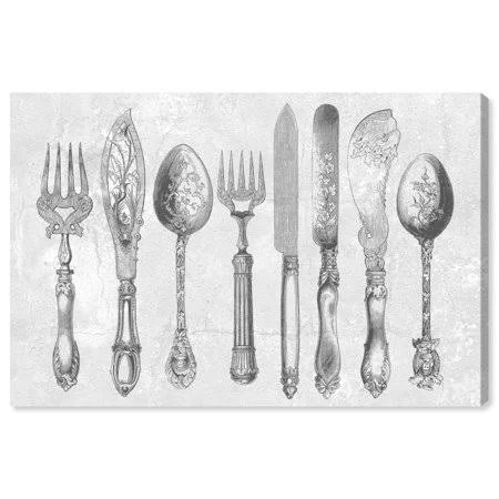 Runway Avenue Food and Cuisine Wall Art Canvas Prints 'Royal Cutlery Grey' Cooking and Chef - Gray, White, Size: 45 x 30