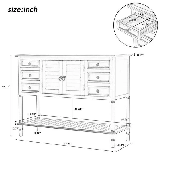 Solid Wood Console Table with 6 Drawers 1 Cabinets, 1 Shelf, Light Green - MDF