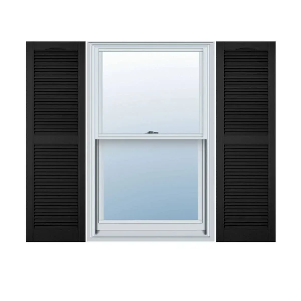12 inchw x 66 inchh Lifetime Vinyl - Custom Straight Top Center Mullion, Open Louver Shutters, Black