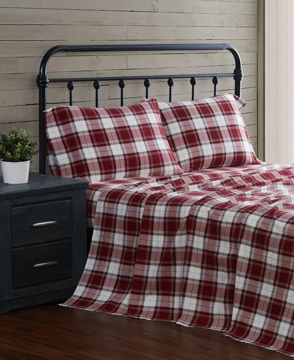London Fog Cotton Flannel Sheet Set, Full, Tan Plaid