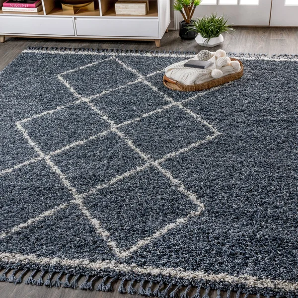 Jonathan Y Mercer Shag Plush Tassel Moroccan Tribal Geometric Trellis Denim Blue/Cream 8 ft. x 10 ft. Area Rug