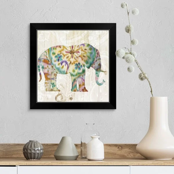 Boho Paisley Elephant I, Black Framed Wall Art, 16x16, Great Big Canvas