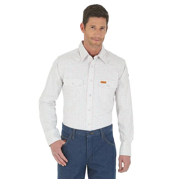 Wrangler Men's FR Flame Resistant Long Sleeve Western Snap Plaid Shirt (Size: XLT ) White