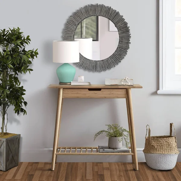 The Urban Port 32 inch Round Beveled Floating Wall Mirror with Sunflower Wooden Frame - Gray