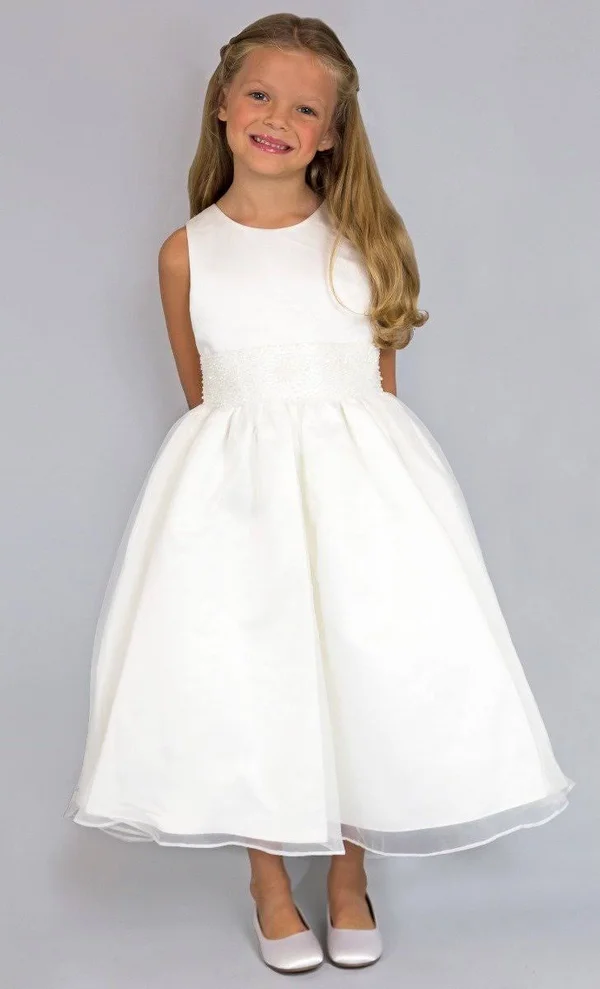 US Angels White Flower Girl Beaded Sash Organza Dress- Girls 4-6X