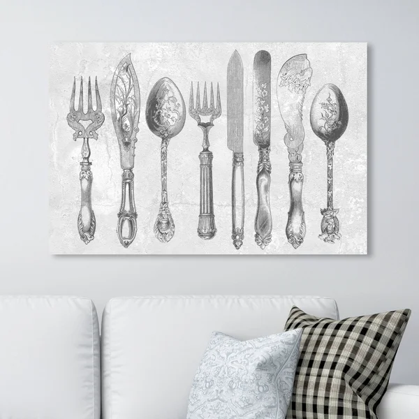 Runway Avenue Food and Cuisine Wall Art Canvas Prints 'Royal Cutlery Grey' Cooking and Chef - Gray, White, Size: 45 x 30