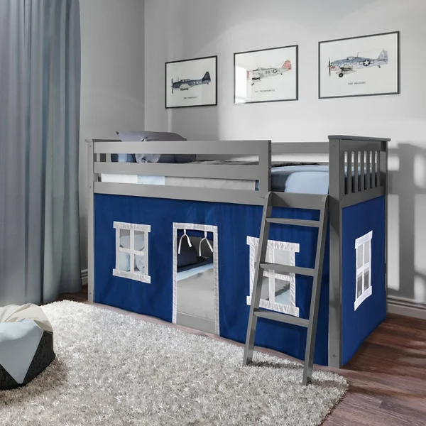 Max & Lily Twin Over Twin Low Bunk with Blue Curtains, Grey