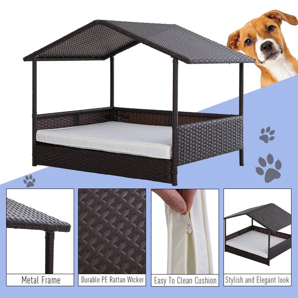 PawHut 4 Sturdy Legs Elevated & Cushioned PE Rattan Dog, Cat House with Comfortable Protective Anti-Slip Sleeping Pad &