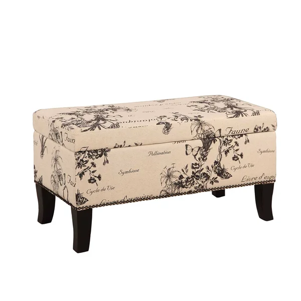 Fabric Upholstered Wooden Ottoman with Botanical Print Beige and Black