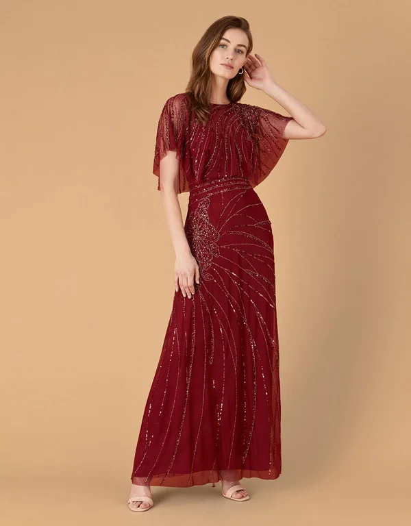 Monsoon Florence Embellished Flutter Sleeve Maxi Dress Red