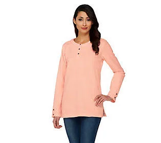 Denim & Co. Baby Sherpa Henley Tunic w/Side Slits, Size 1X, Soft Peach