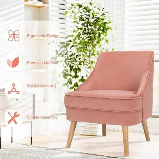 Velvet Upholstered Accent Chair with Rubber Wood Legs-Pink - Costway