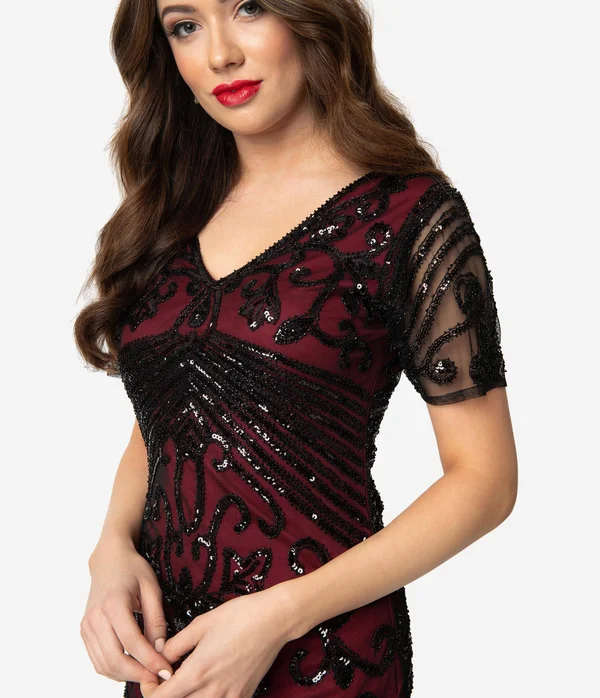 Unique Vintage Burgundy Red & Black Beaded Sleeved Troyes Cocktail Flapper Dress - Size L/10-12