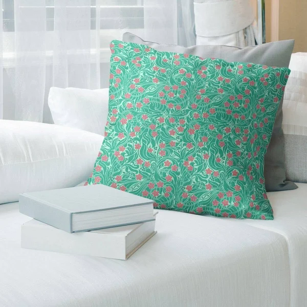 Porch & den Dahlke Swirly Floral Pattern Throw Pillow - 18 x 18 - Green & Pink - Faux Suede