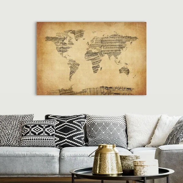 Map of The World Map from Old Sheet Music, Canvas Wall Art, 60x40, Great Big Canvas