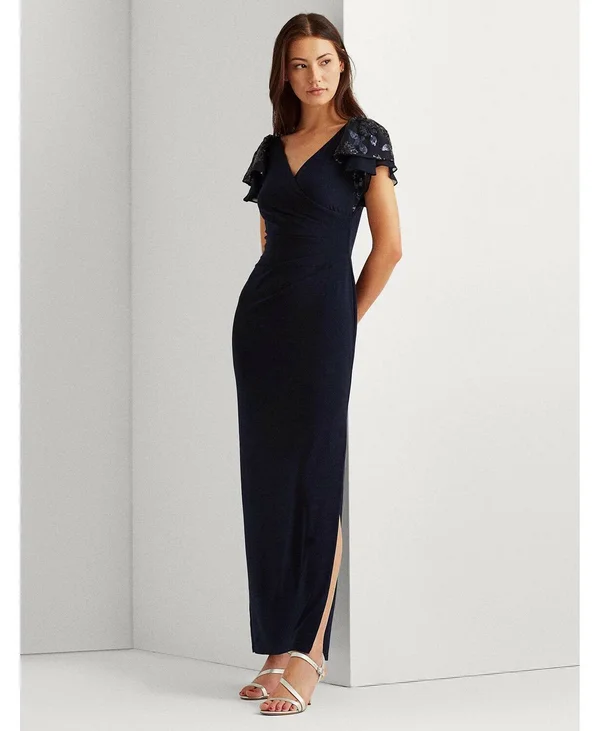 Lauren Ralph Lauren Embellished Flutter-Sleeve Gown - Lighthouse Navy