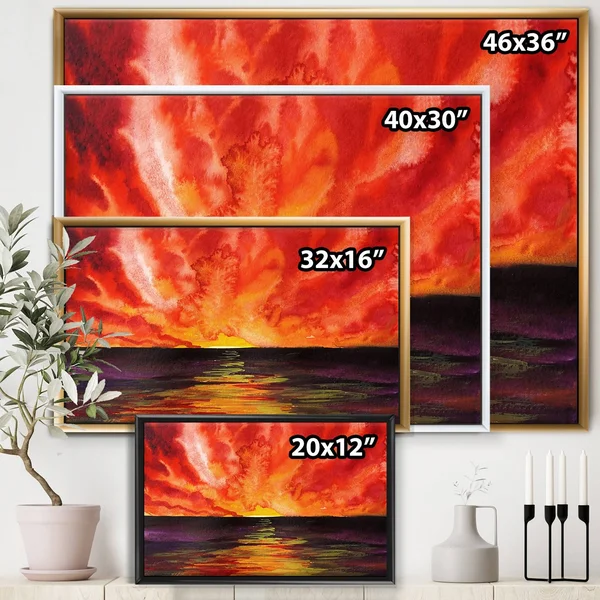 Designart 'Bright Red Sunset Over Ocean' Modern Framed Canvas Wall Art Print - 20 in. Wide x 12 in. High - White