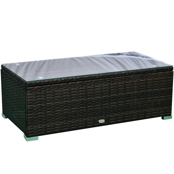 Outsunny 4-Piece Cushioned Patio Furniture Set, with 2 Chairs, Sectional, and Glass Coffee Table, Rattan Wicker, Brown
