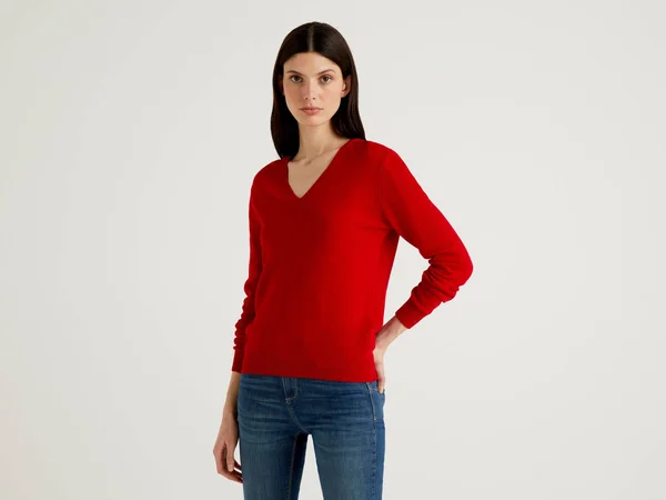 Benetton - Sweater with V-Neck in Pure Virgin Wool, Size S, Red, Women