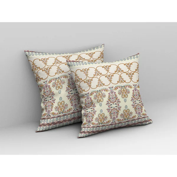 Nandini Flowers Suede Closed Pillow w/ Insert in Off White & Orange 20x22x20x22