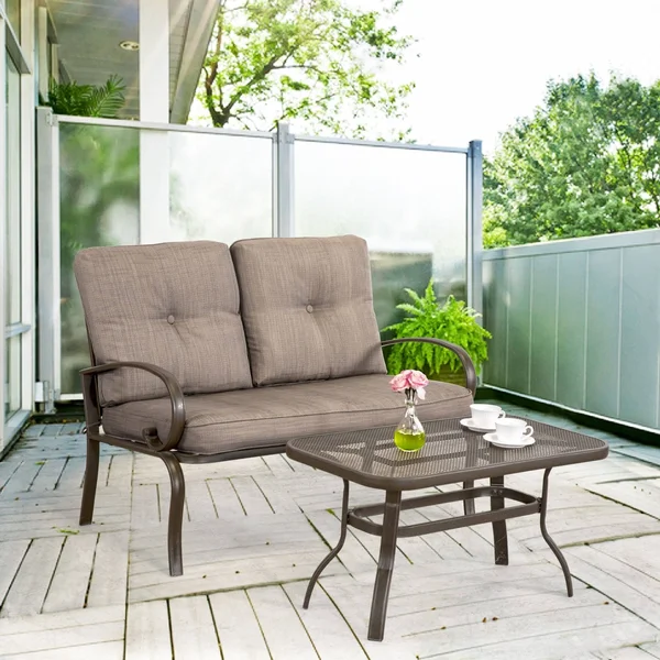 Cloud Mountain 2 Piece Outdoor Loveseat Furniture Bistro Set Garden Patio Metal Coffee Table Bench Sofa with Cushions - Gradient