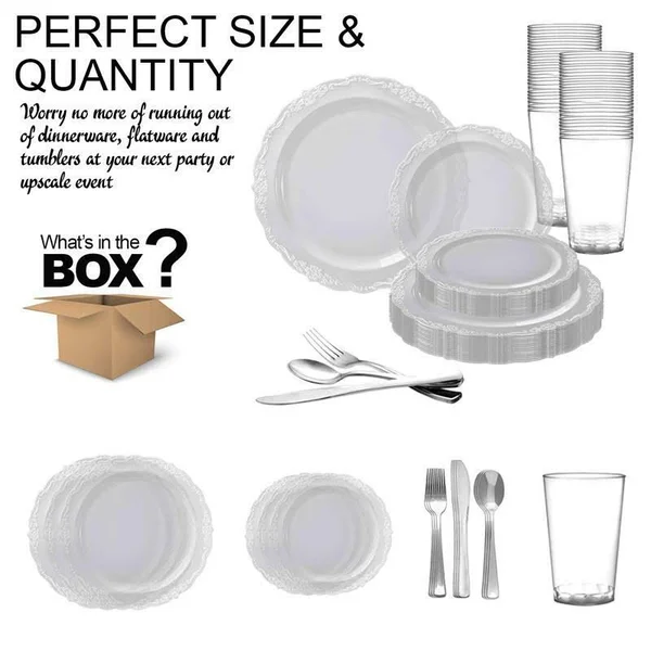 20 Settings - Clear Vintage Round Disposable Plastic Wedding Value Set