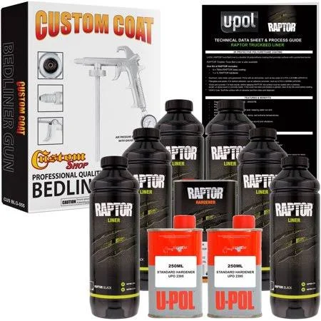 Custom Shop U-POL Raptor Bright Silver Urethane Spray-On Truck Bed Liner Kit w/ Free Custom Coat Spray Gun with Regulator, 6 Lit