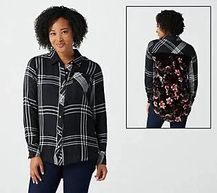 Tolani Collection Plaid Top with Printed Velvet BACK, Size 1X, Black/White