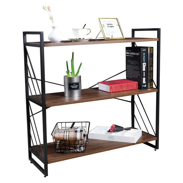 NOZE 3 Tier Industrial Bookshelf, Storage Rack Shelf for Home and Office, Rustic Bookcase, Walnut