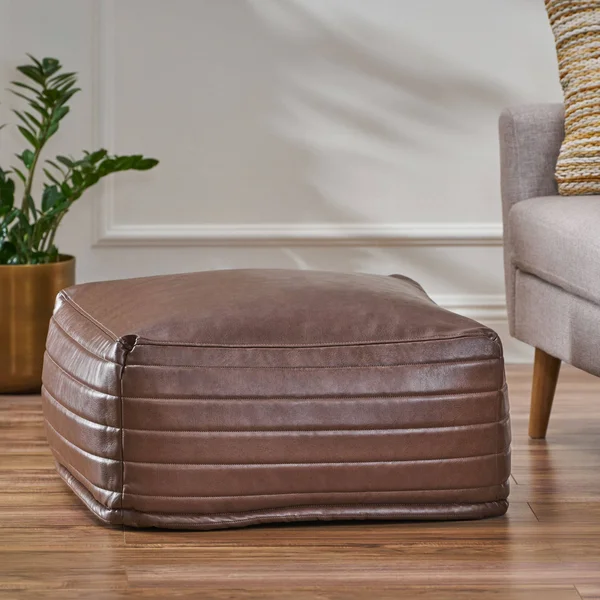 Baddow Contemporary Faux Leather Channel Stitch Rectangular Pouf Brown - Christopher Knight Home