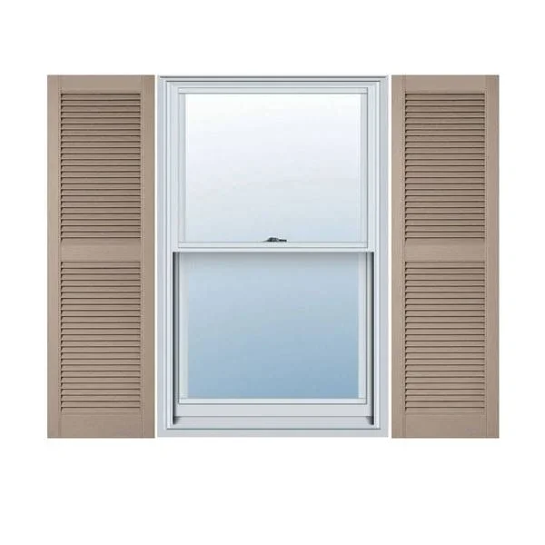 18 inchw x 71 inchh Lifetime Vinyl, Custom Straight Top Center Mullion, Open Louver Shutters, Wicker
